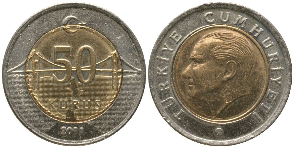 Турция 50 курушей 2011 KM 1243 биметалл 4561-1154