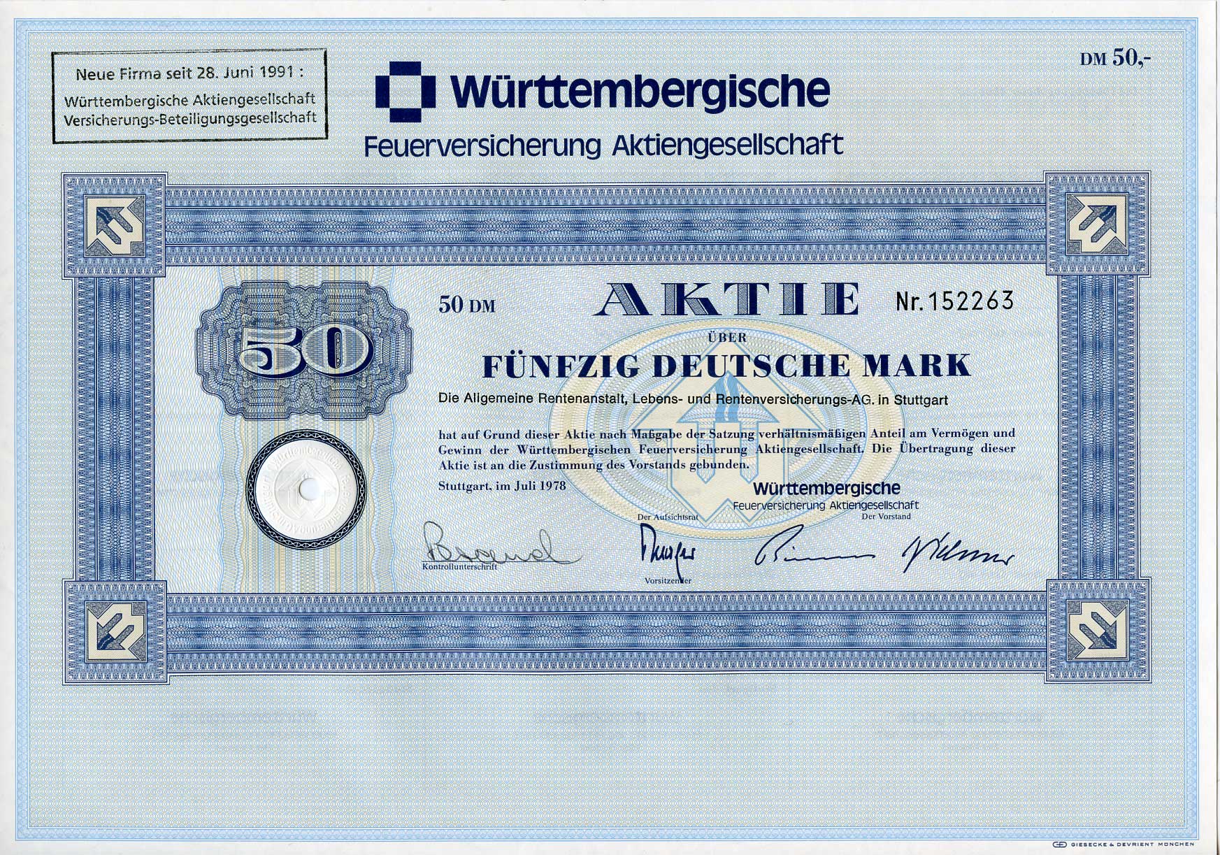 ФРГ 50 марок 1978 Акционерное общество по страхованию от пожаров Вюртемберга, акция   бумага   8803-92-1