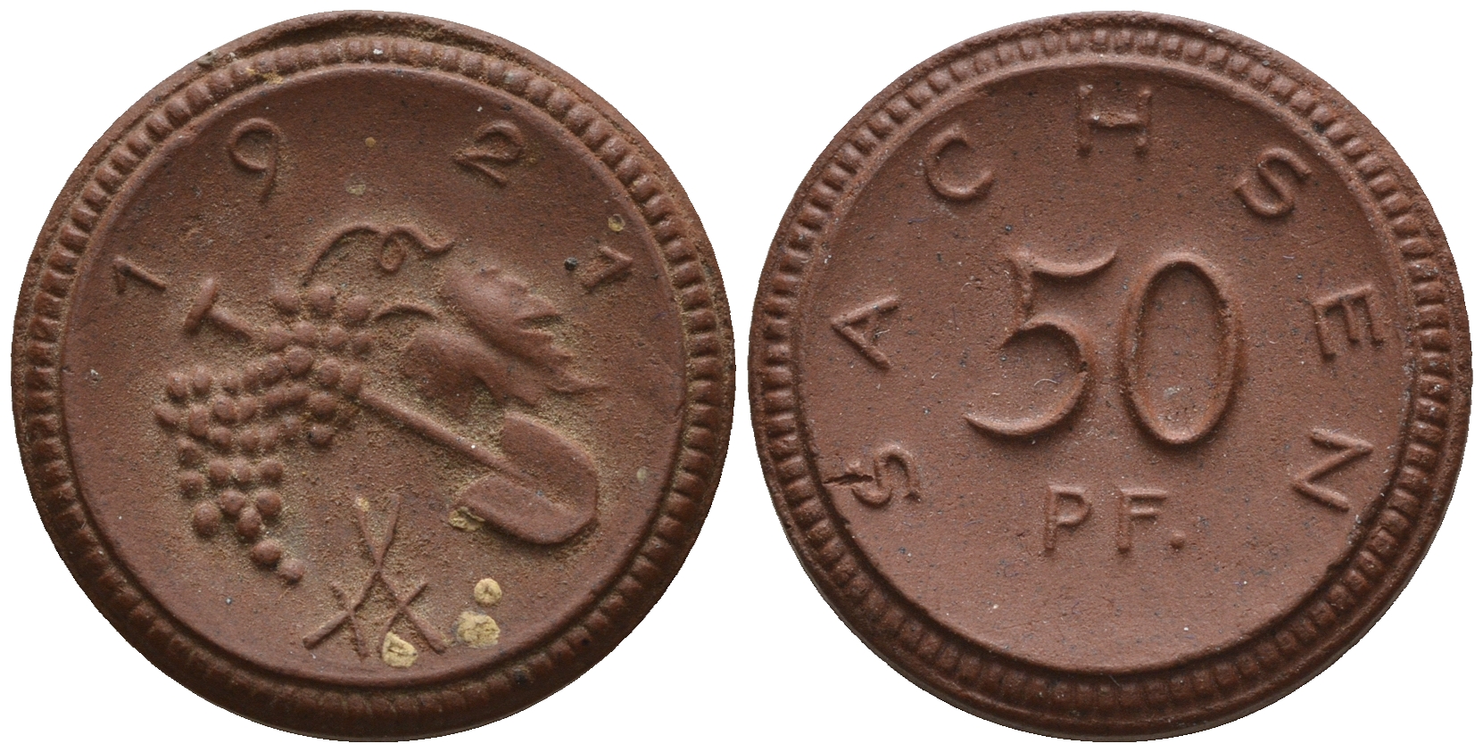 Саксония 50 пфеннигов 1921 виноград и лопата J. N 54 фарфор UNC 1094-8-41