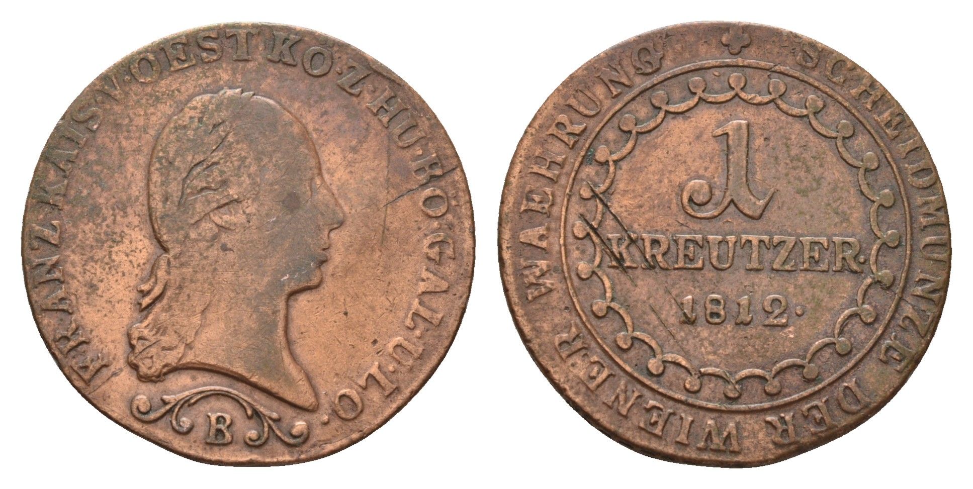 Австрия 1 крейцер 1812 B, Франц II (1792-1835) KM 2112 медь 94-352