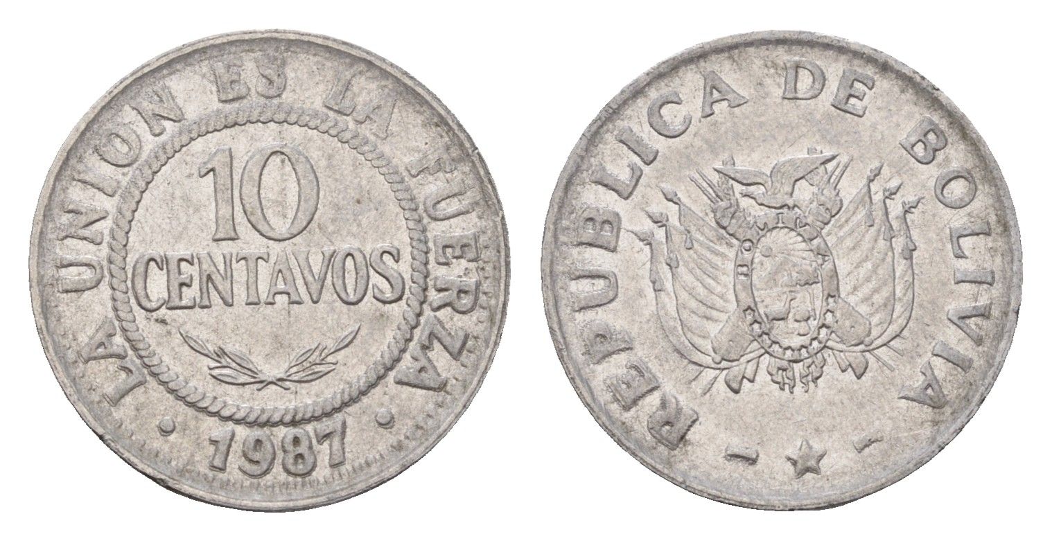 Боливия 10 сентаво 1987 KM 202 нержавеющая сталь 4643-663