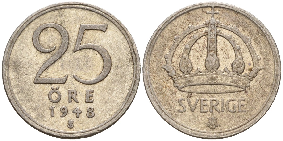 Швеция 25 эре 1948 TS, Густав V (1907-1950) KM 816 серебро 4147-1011