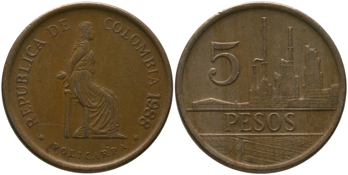 Колумбия 5 песо 1988 KM 268 бронза 4538-252