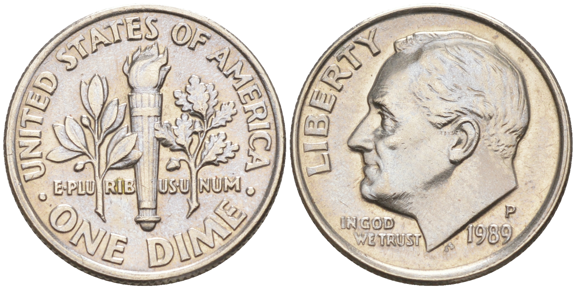 США 10 ЦЕНТОВ = 1 ДАЙМ 1989 P, РУЗВЕЛЬТ KM 195a медь плакированная медно-никелем 188-711