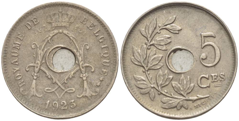 БЕЛЬГИЯ 5 САНТИМОВ 1923 BELGIQUE KM 66 медно-никель 4551-1034