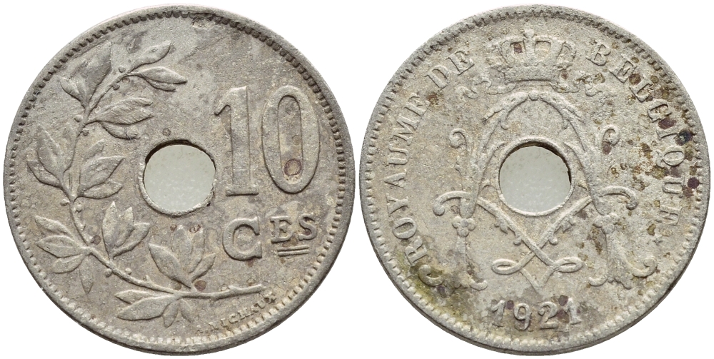 БЕЛЬГИЯ 10 САНТИМОВ 1921 BELGIQUE KM 85.1 медно-никель 4388-122