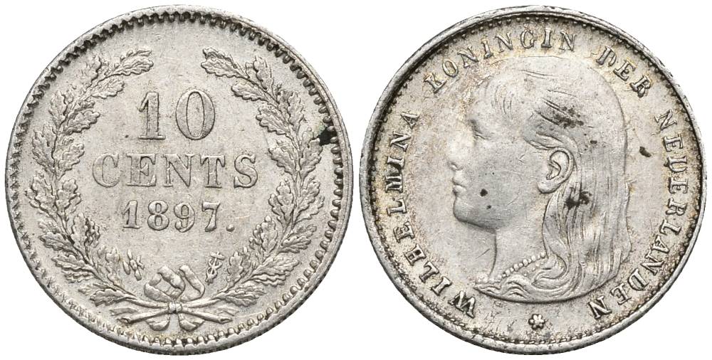 НИДЕРЛАНДЫ 10 ЦЕНТОВ 1897 ВИЛЬГЕЛЬМИНА I (1890-1948), ПРОБА 640 KM 116 серебро 4549-1039