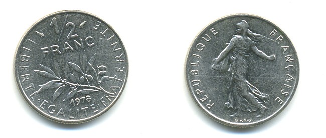 ФРАНЦИЯ 1/2 ФРАНКА 1978 СЕЯТЕЛЬ KM 931.1, LE FRANC 198.17 никель 25-947