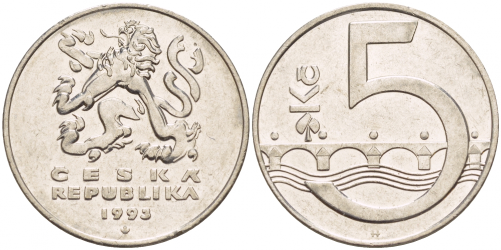 Чехия 5 крон 1993 чешский лев, Карлов мост KM 8 сталь плакированная никелем 4539-955