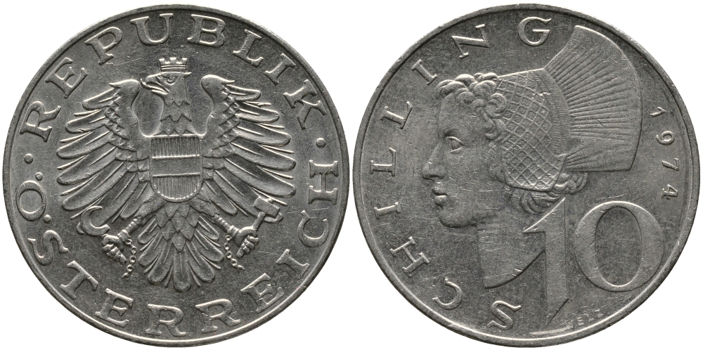 АВСТРИЯ 10 ШИЛЛИНГОВ 1974 KM 2918 никель плакированный медно-никелем 33-716
