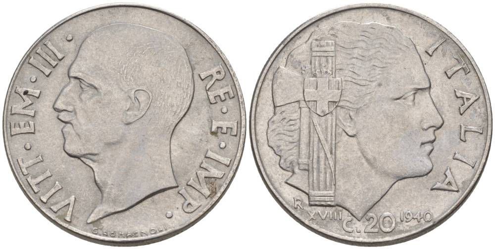 ИТАЛИЯ 20 ЧЕНТЕЗИМО 1940 R, ГОД XVIII, ВИКТОР ЭММАНУИЛ III (1900-1946), МАГНИТНАЯ, ГУРТ РИФЛЁНЫЙ KM 75b, VEM3. 1025 нержавеющая сталь 3853-456