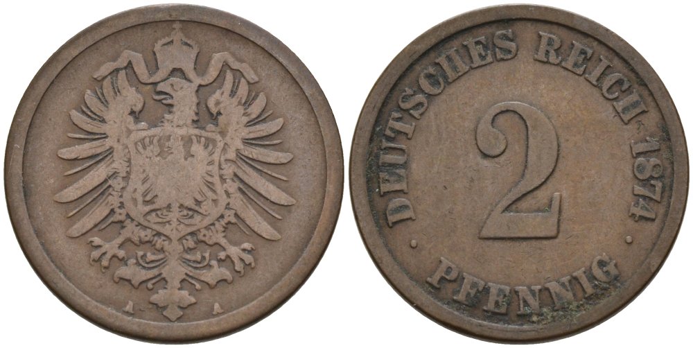 Германия 2 пфеннига 1874 А, старогербовка KM 2, J. 2 медь 4573-1231