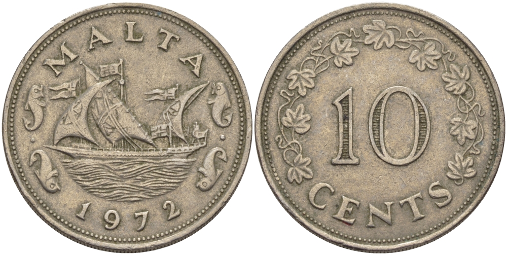 Мальта 10 центов 1972 баржа Великого магистра KM 11 медно-никель 82-346