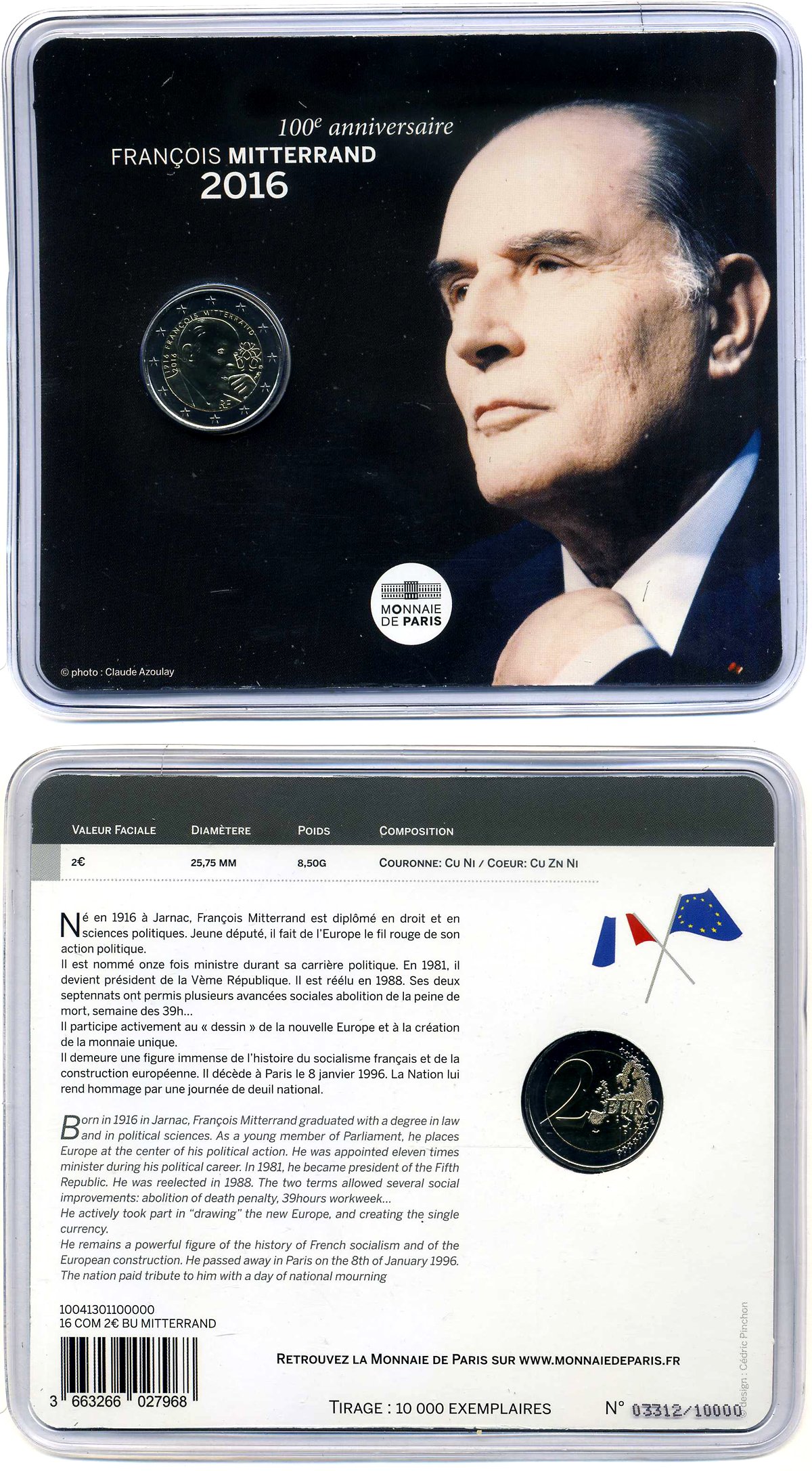Франция 2 евро 2016 100 лет со дня рождения Франсуа Миттерана, буклет, пластик, запайка KM 2281 биметалл BUNC 966-6-2