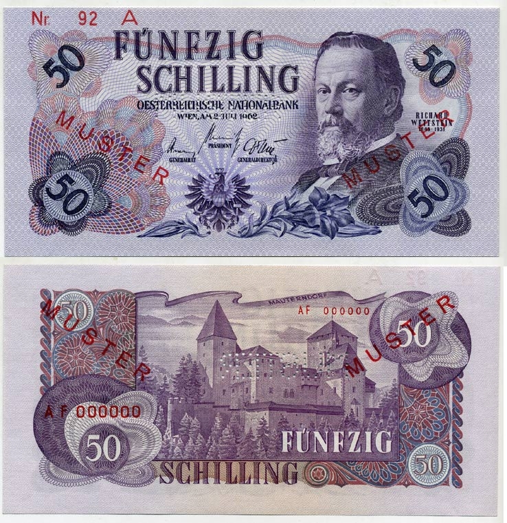 АВСТРИЯ 50 ШИЛЛИНГОВ 1962 (1963) ОБРАЗЕЦ - SPECIMENT бумага UNC (ПРЕСС) 000-000-00