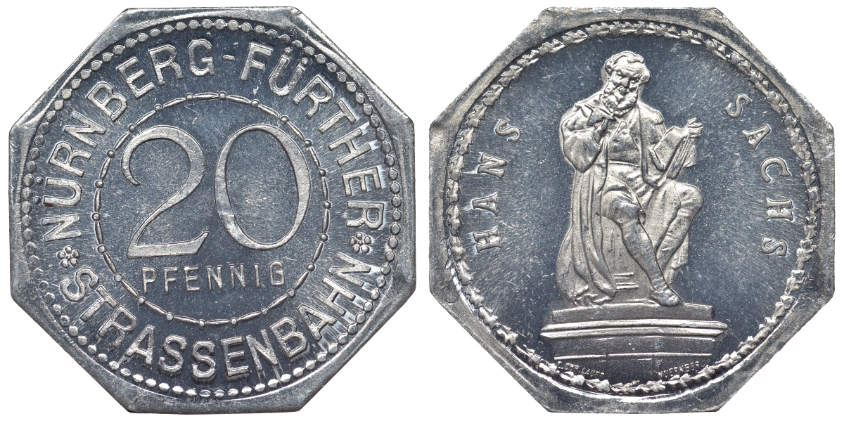 Германия, Нюрнберг - Фюрт 20 пфеннигов ND трамвайный жетон, Ганс Сакс алюминий UNC 4119-735