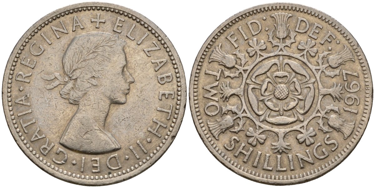 Великобритания 2 шиллинга (флорин) 1967 Елизавета II (1952-2022) KM 906, Spink 4146 медно-никель 4599-322