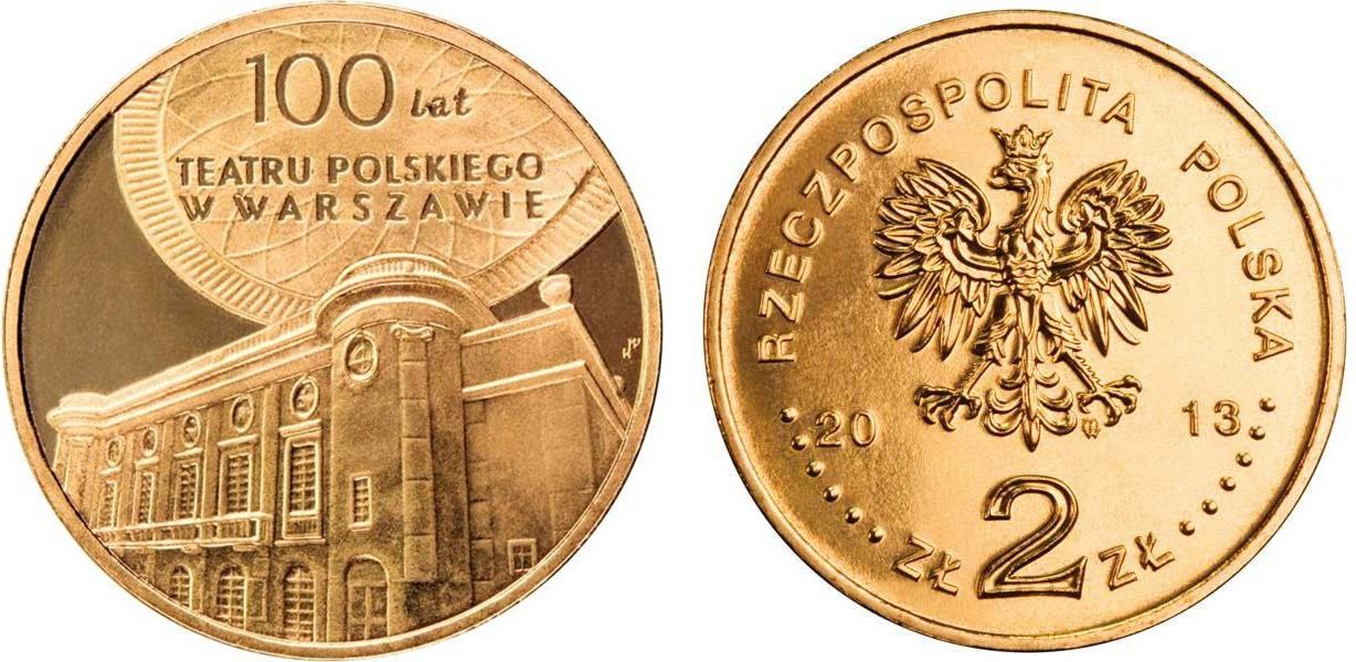 Польша 2 злотых 2013 MW, 100 лет польскому театру в Варшаве KM 854 нордик UNC 4514-244