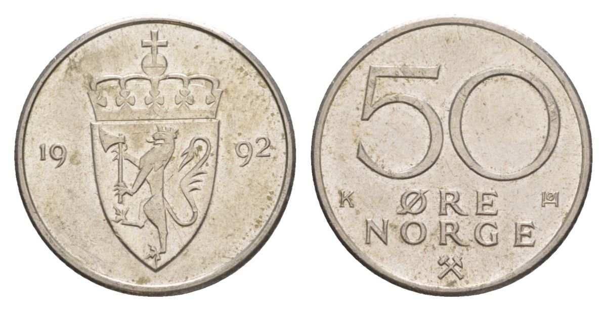 Норвегия 50 эре 1992 Харальд V (1991-) KM 418 медно-никель UNC 4635-516