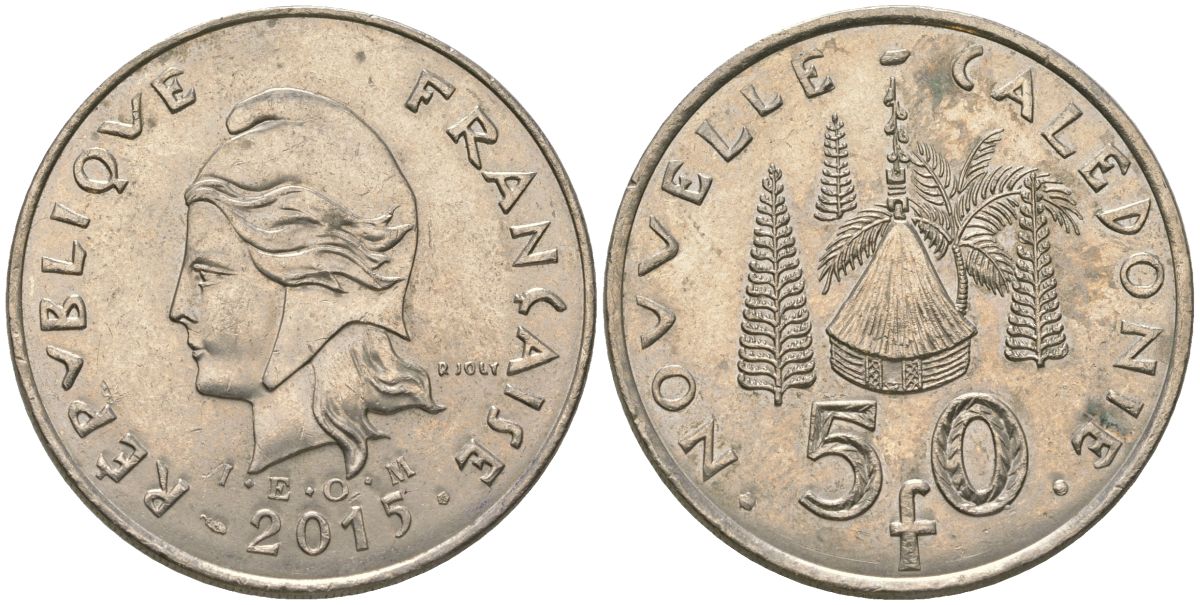 Французская Новая Каледония 50 франков 2015 хижина среди сосен и пальм, (IEOM) KM 13a, Schoen 15a, Lec 128i медно-никель 179-133