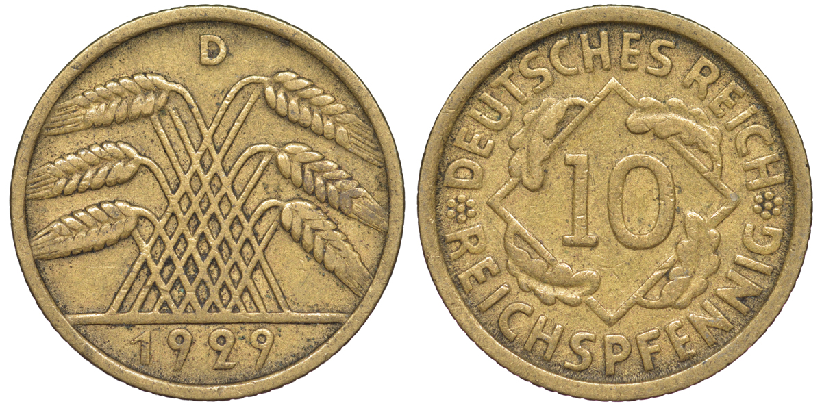 Германия 10 рейхспфеннигов 1929 D KM 40, J. 317 алюминиевая бронза 4604-714