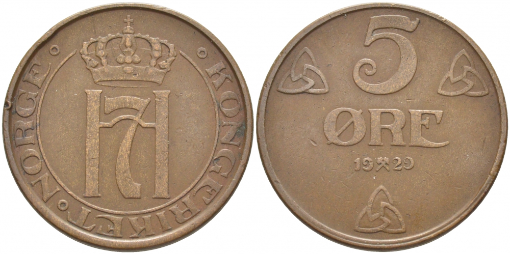 НОРВЕГИЯ 5 ЭРЕ 1929 ХОКОН VII (1905-1957) KM 368 бронза 3856-832