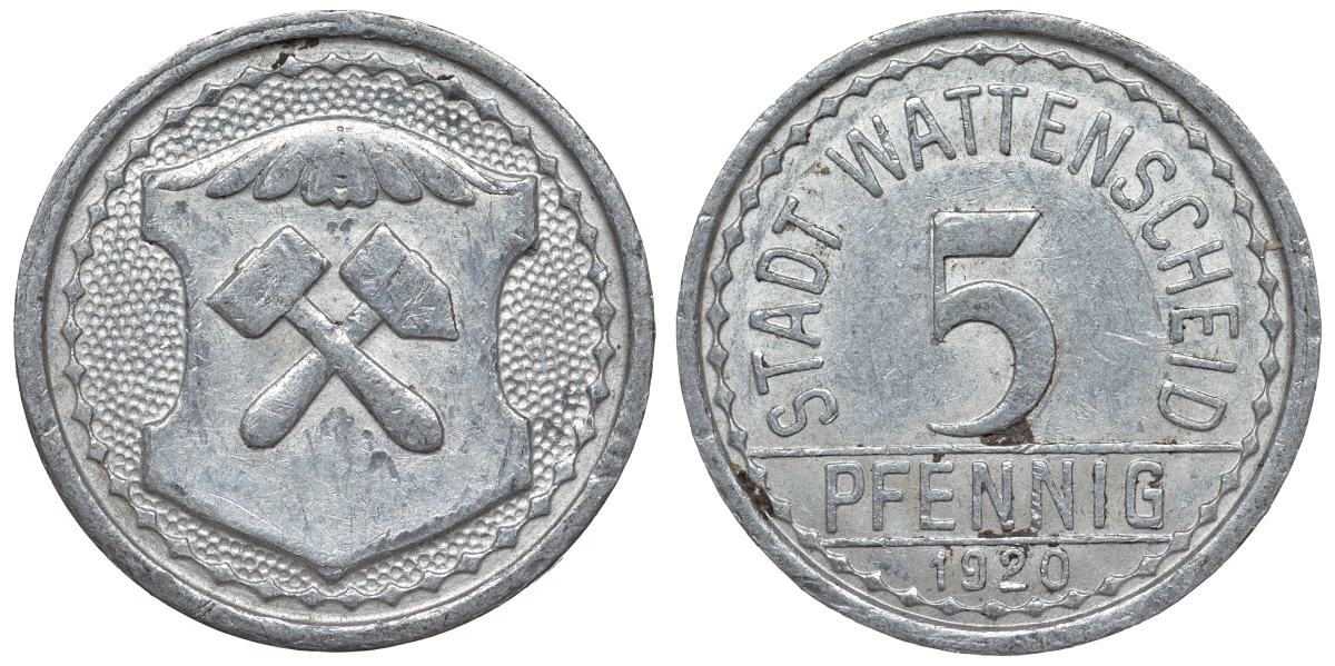 Германия, Ваттеншайд 5 пфеннигов 1920 Северный Рейн-Вестфалия, нотгельд алюминий 4119-114