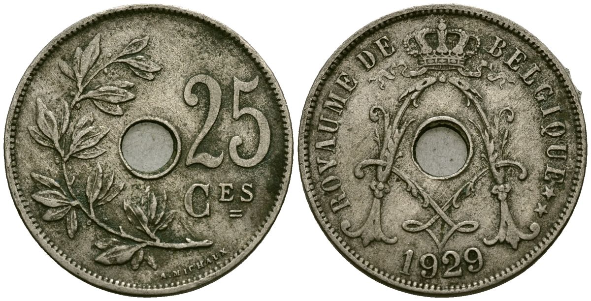 Бельгия 25 сантимов 1929 Belgique KM 68 медно-никель 4165-624
