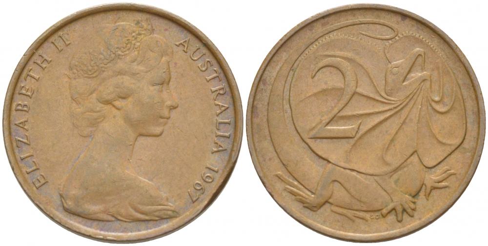 АВСТРАЛИЯ 2 ЦЕНТА 1967 ЕЛИЗАВЕТА II, МОЛОДОЙ ПОРТРЕТ, ПЛАЩЕНОСНАЯ ЯЩЕРИЦА (FRILLED LIZARD) KM 63 бронза 4539-941