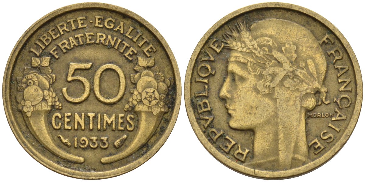 Франция 50 сантимов 1933 KM 894.1, Le Franc 192.15 алюминиевая бронза 4596-767