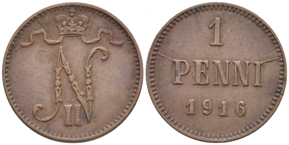РОССИЯ ДЛЯ ФИНЛЯНДИИ 1 ПЕННИ 1916 НИКОЛАЙ II (1895-1917) KM 13, Биткин 476 медь 211-1067