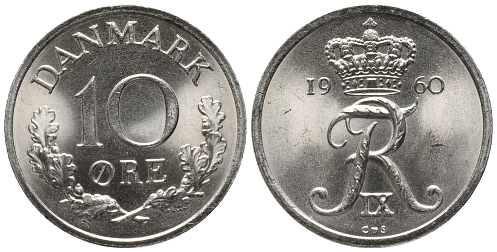 ДАНИЯ 10 ЭРЕ 1960 С; S, ФРЕДЕРИК IX (1947-1972) KM 849.1 медно-никель UNC 66-121