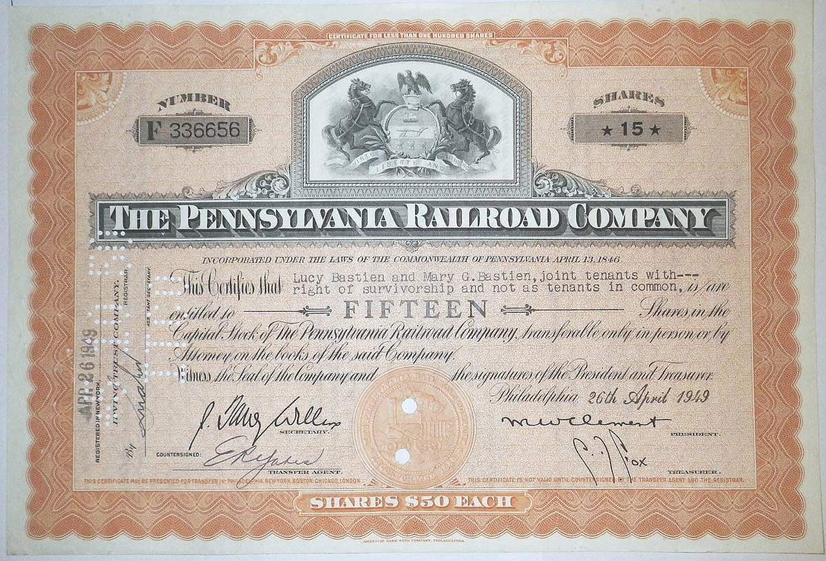 США, The Pennsylvania Railroad Company 15 акций 1949 бумага 00-00
