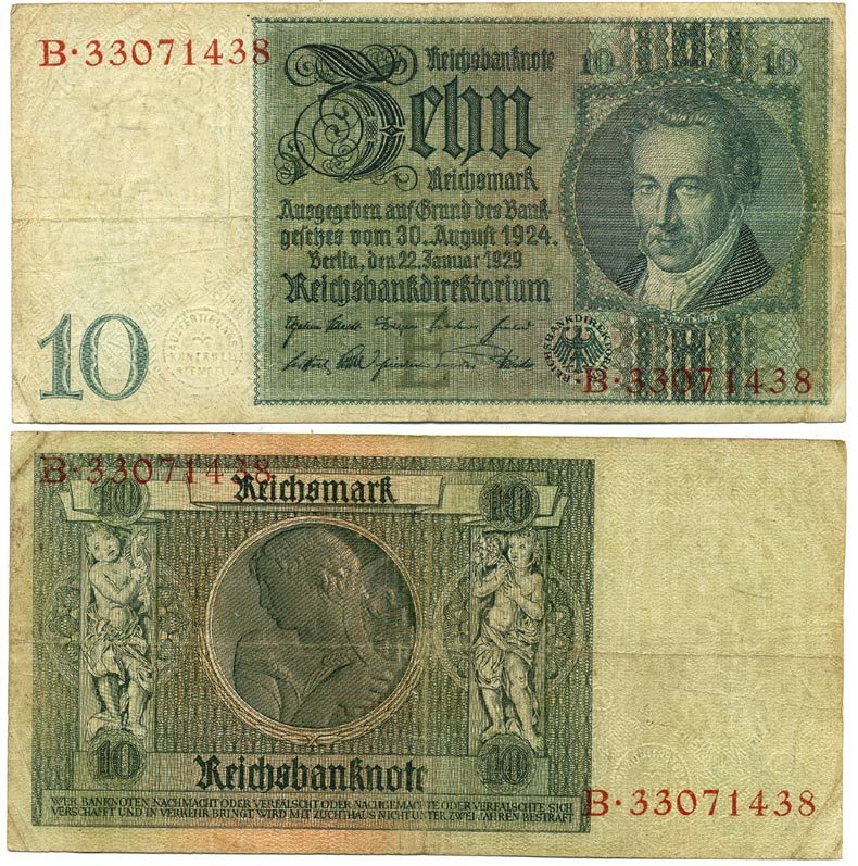 Германия 10 рейхсмарок 1929 Альбрехт Д. Тэер, буква E, серия B Pick 180a, Ros. 173е  бумага 3295-62-3