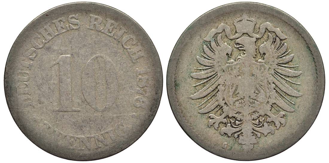 ГЕРМАНИЯ 10 ПФЕННИГОВ 1876 G, СТАРОГЕРБОВКА KM 4, Jager 4, Weege 7 медно-никель 4543-544