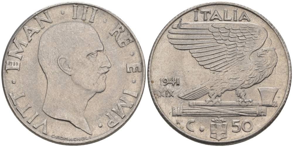 ИТАЛИЯ 50 ЧЕНТЕЗИМО 1941 R, ГОД XIX, ВИКТОР ЭММАНУИЛ III (1900-1946) KM 76b, VEM3. 1063 нержавеющая сталь 3853-356