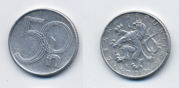 ЧЕХИЯ 50 ГЕЛЛЕРОВ 1993 KM 3.1 алюминий 46-526