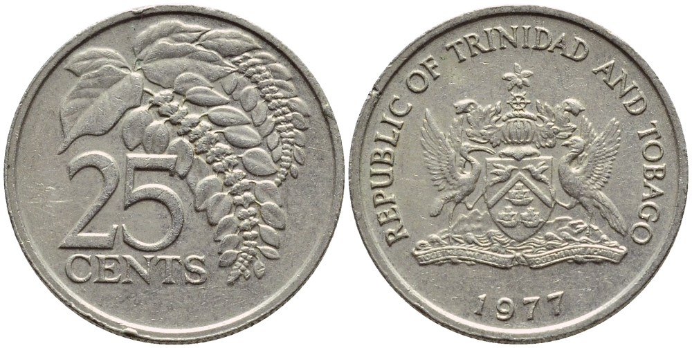Тринидад и Тобаго 25 центов 1977 цветок дикая пуансеттия KM 32 медно-никель 4396-728