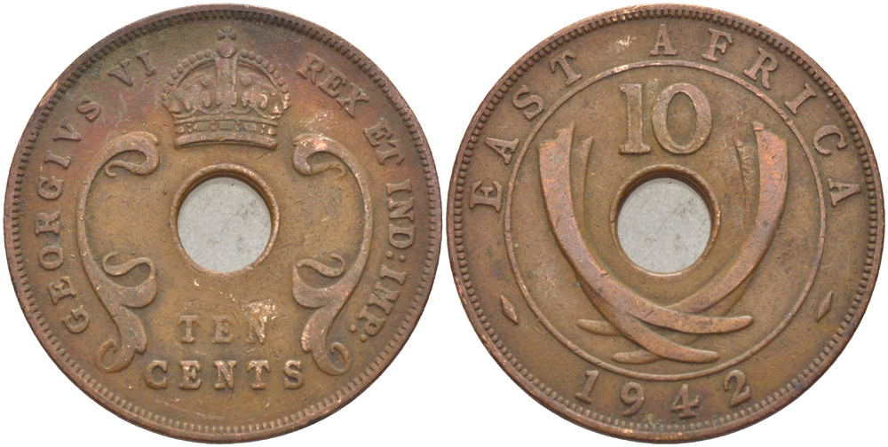 Британская Восточная Африка 10 центов 1942 Георг VI (1936-1952) KM 26.2 бронза 3333-1145