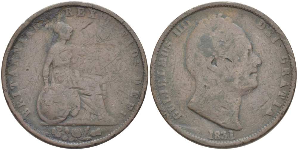 Великобритания 1/2 пенни 1831 Вильгельм IV (1830-1837) KM 706, Spink 3847 медь 1518-1342