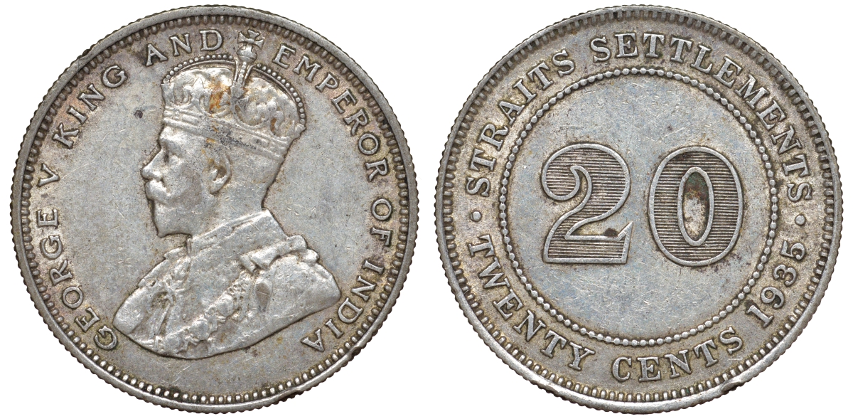 Стрейтс-Сетлментс 20 центов 1935 Георг V (1910-1936) КМ 30b серебро 53-836