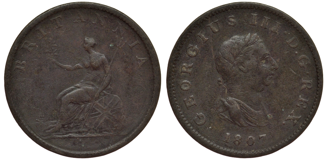 Великобритания 1/2 пенни 1807 Георг III (1760-1820) KM 662, Spink 3781 медь 4111-512