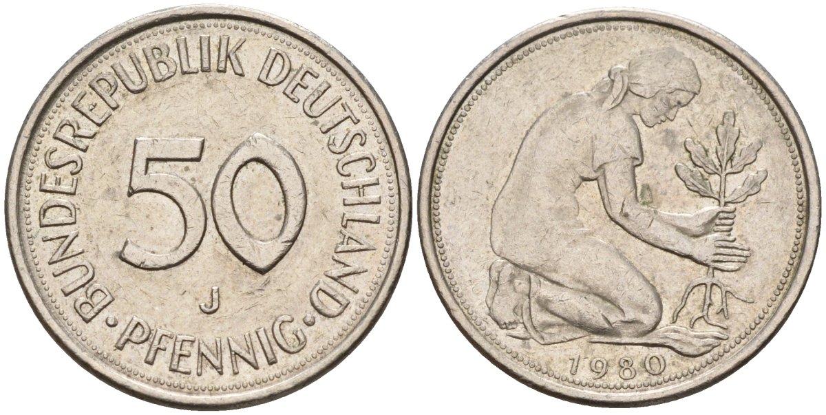 ФРГ 50 пфеннигов 1980 J KM 109, J. 384 медно-никель 4177-426
