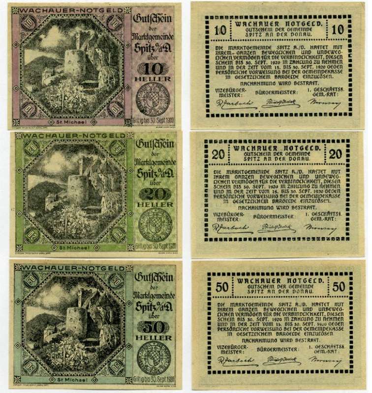 Австрия, Шпиц-ан-дер-Донау набор из 3 банкнот 10, 20, 50 геллеров 1920 30 сентября 1920, нотгельд, рынок в районе города Кремц, земля Нижняя Австрия   бумага  UNC (пресс) 7555-28-4-1