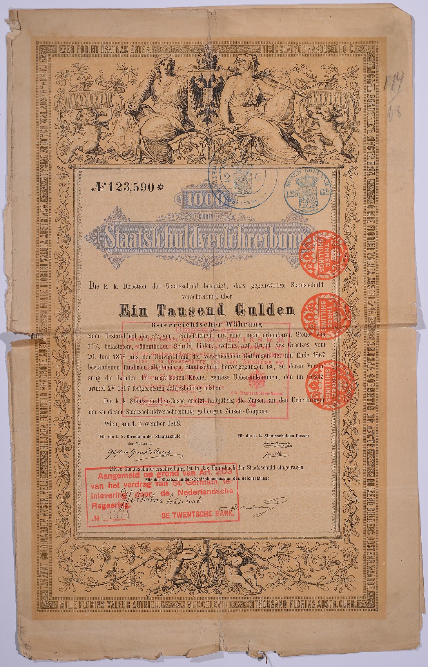 Австро-Венгрия облигация на 1000 гульденов 1868 ДОЛГОВОЕ ОБЯЗАТЕЛЬСТВО   бумага   5548-19-1-2