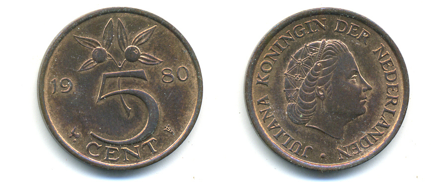 Нидерланды 5 центов 1980 Юлиана (1948-1980) KM 181 бронза 83-1012