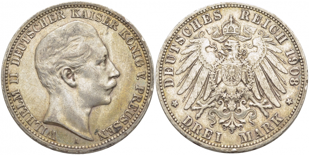 ПРУССИЯ 3 МАРКИ 1908 ВИЛЬГЕЛЬМ II KM 527, J. 103 серебро 3896-1033
