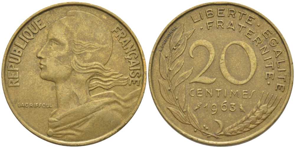 ФРАНЦИЯ 20 САНТИМОВ 1963 ТИП MARIANNE KM 930, LE FRANC 156.3 медь алюминий никель 175-816