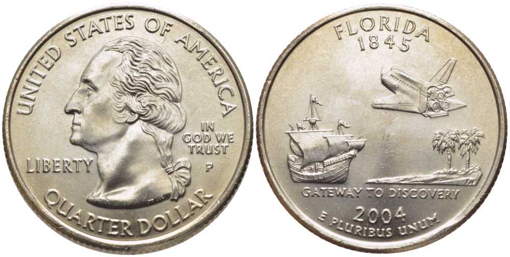 США 25 центов = квотер 2004 P, серия штаты США, Флорида KM 356 медь плакированная медно-никелем UNC M50-05