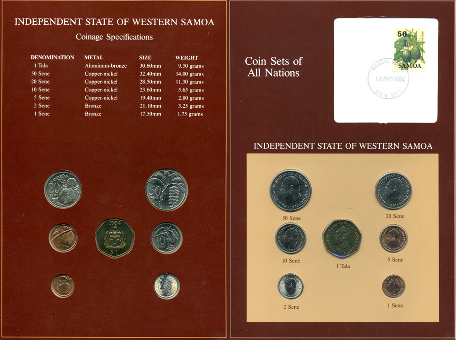 Самоа набор из 7 монет 1974-1984 серия наборы мира, запайка в буклете с маркой, размер 22 см. Х 29,2 см. UNC 14-01-03-20